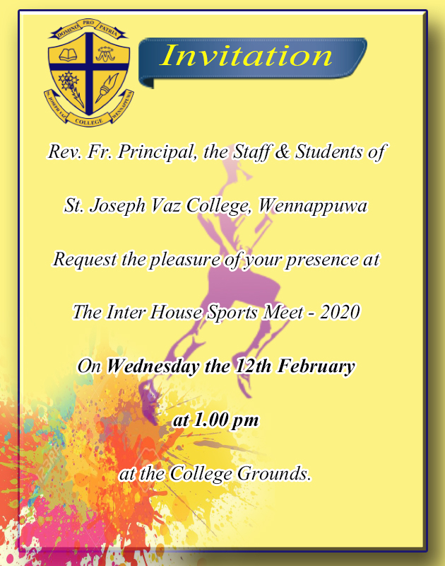 Inter House Sports Meet 2020 - Invitation - St. Joseph Vaz College - Wennappuwa - Sri Lanka