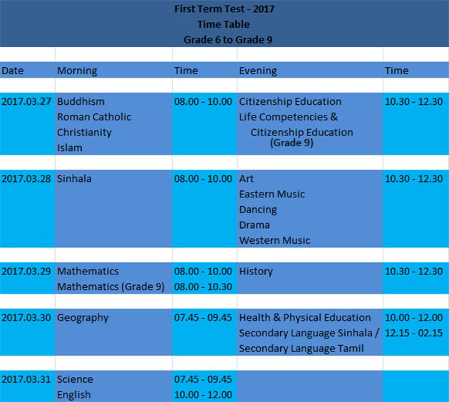 First Term Test Timetable 2017